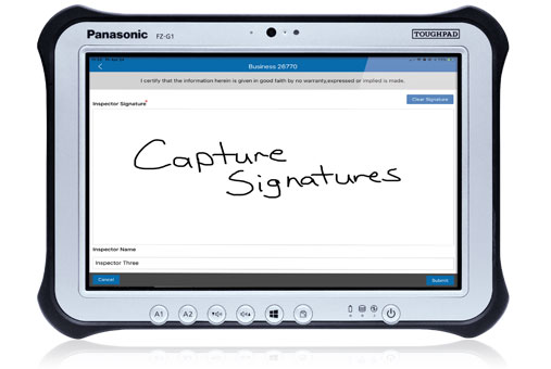 Mobile signature capture shown on a Panasonic ToughPad